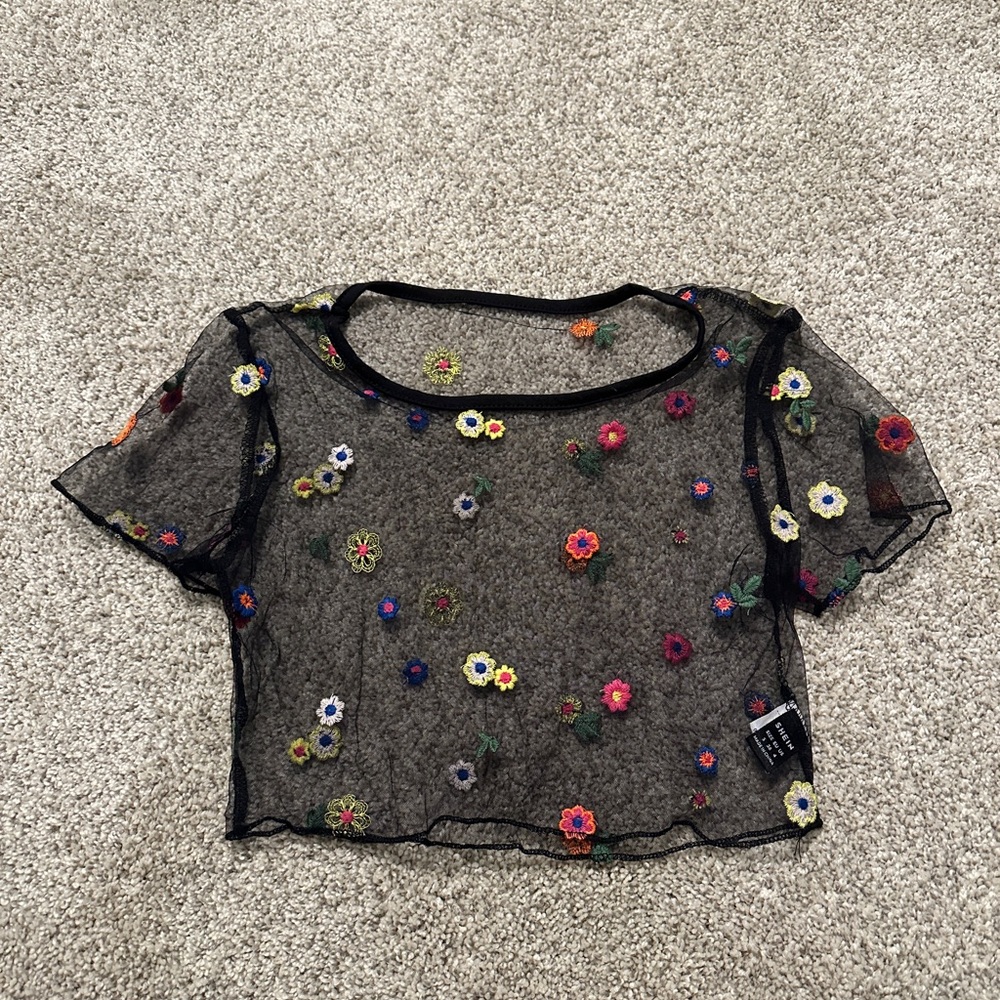 Floral Embroidered Sheer Black Top